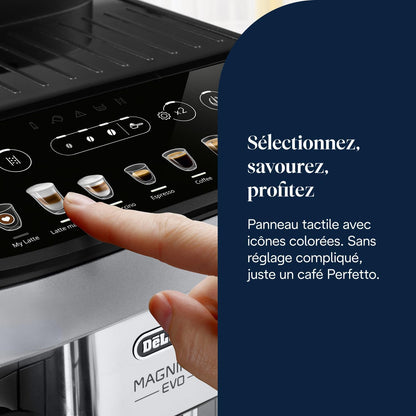 De’Longhi Magnifica Evo - Perfetto Machine à Café Automatique avec LatteCrema Mousseur à Lait Automatique, 7 Boissons en une Seule Touche,Commandes Soft Touch,Argent et Noir (ECAM292.81.SB)