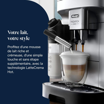De’Longhi Magnifica Evo - Perfetto Machine à Café Automatique avec LatteCrema Mousseur à Lait Automatique, 7 Boissons en une Seule Touche,Commandes Soft Touch,Argent et Noir (ECAM292.81.SB)