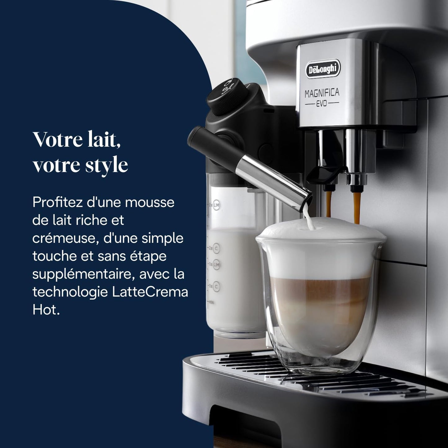 De’Longhi Magnifica Evo - Perfetto Machine à Café Automatique avec LatteCrema Mousseur à Lait Automatique, 7 Boissons en une Seule Touche,Commandes Soft Touch,Argent et Noir (ECAM292.81.SB)