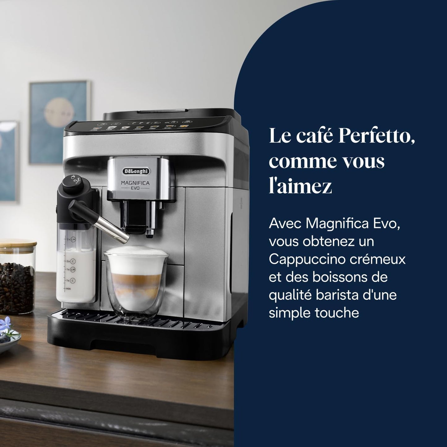De’Longhi Magnifica Evo - Perfetto Machine à Café Automatique avec LatteCrema Mousseur à Lait Automatique, 7 Boissons en une Seule Touche,Commandes Soft Touch,Argent et Noir (ECAM292.81.SB)