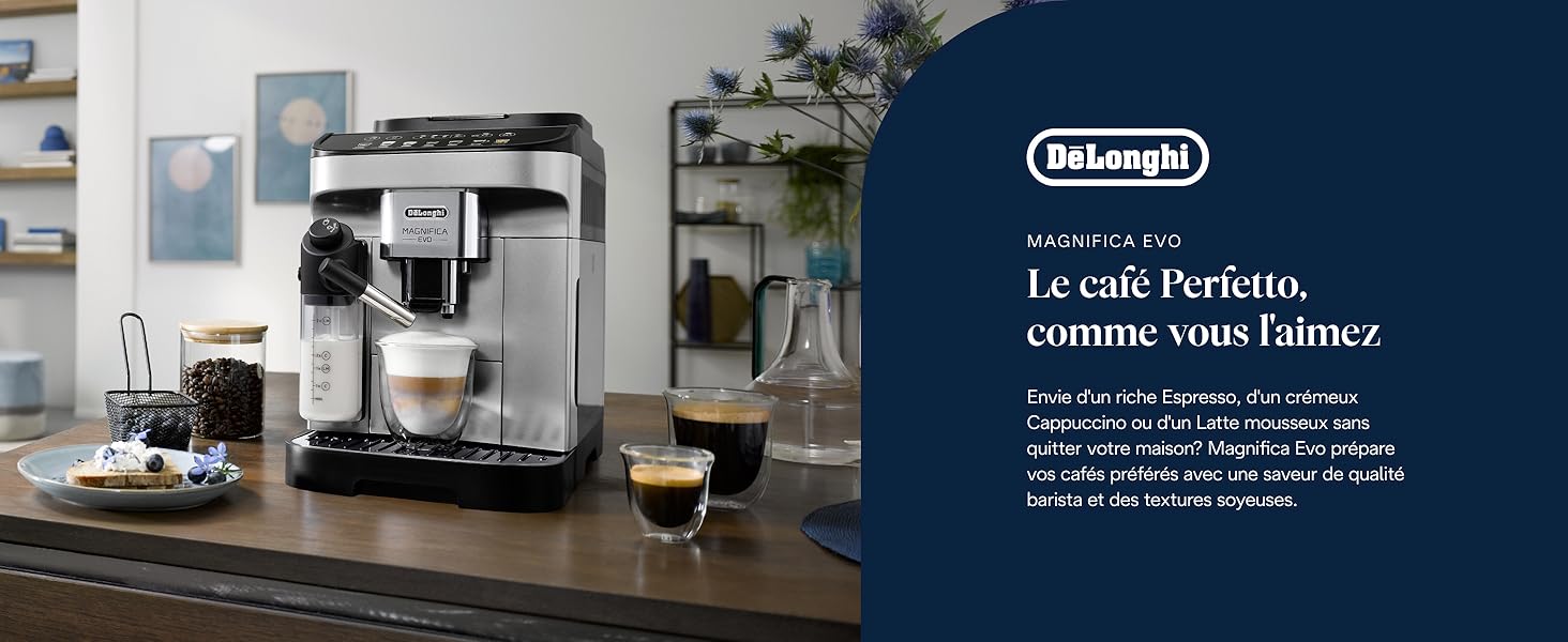 Le texte indique « DeLonghi ». Configuration moderne de la machine à expresso dans l'environnement de la cuisine avec finition en acier inoxydable.